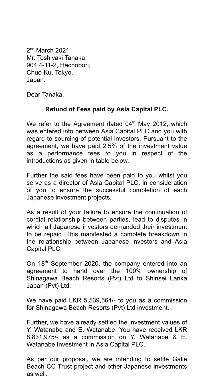 Toshiake Tanaka resigns from Asia Capital PLC amidst investigation and acute conflict of interest E12d3910