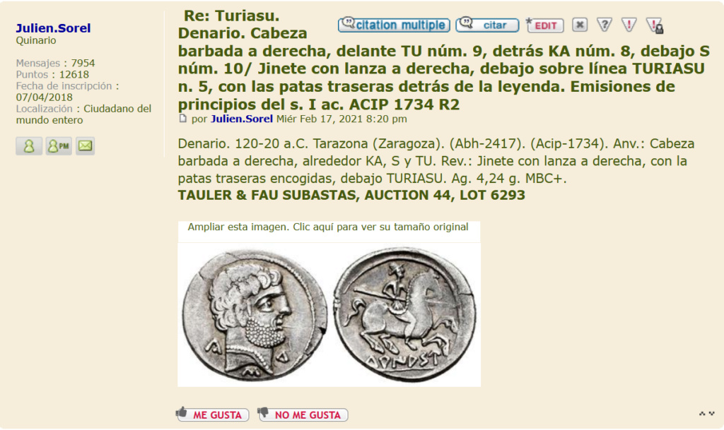 Turiasu. Denario. Cabeza barbada a derecha, peinado de rizos horizontales 2 niveles, del. TU 9, det. KA 8, debajo S 10/ Jinete con lanza a der, debajo sobre línea TURIASU 5, con las patas traseras por encima. Emisiones de principios del s. I ac. ACIP 1722 Turi210