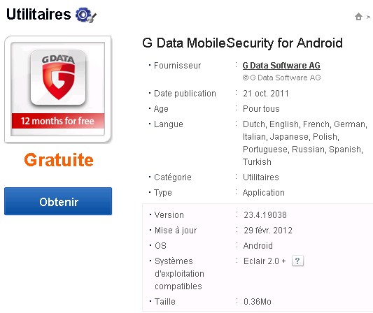 G Data MobileSecurity pour Android gratuit Gdata_10