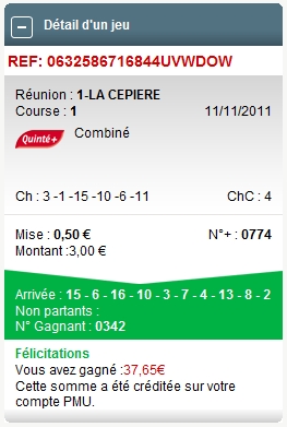 LA CEPIERE REUNION 1 COURSE 2 --- 11.11.2011 ---- mise : 72 € gain : 37.65 €   Scree362