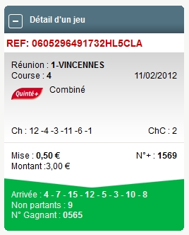 VINCENNES REUNION 1 COURSE 4 --- 11.02.2012 ---- mise : 72 € gain : 0 €   Scree571