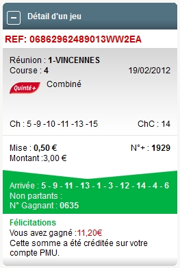 VINCENNES REUNION 1 COURSE 4 --- 19.02.2012 ---- mise : 72 € gain : 182.45 €   Scree588