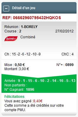 BORELY REUNION 1 COURSE 2 --- 27.02.2012 ---- mise : 72 € gain : 59.20 €   Scree611