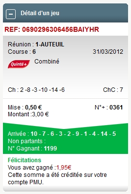 AUTEUIL REUNION 1 COURSE 6 --- 31.03.2012 ---- mise : 33 € gain : 14.95 €   Scree662