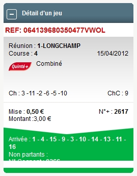 LONGCHAMP REUNION 1 COURSE 4 --- 15.04.2012 ---- mise : 57 € gain : 0 €   Scree679