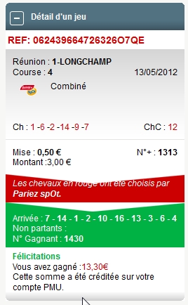 LONGCHAMP REUNION 1 COURSE 4 --- 13.05.2012 ---- mise : 45 € gain : 13.30 €   Scree755