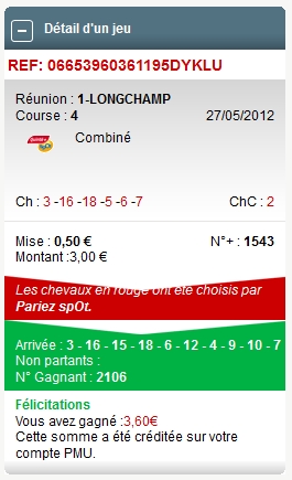 LONGCHAMP REUNION 1 COURSE 4 --- 27.05.2012 ---- mise : 48 € gain : 7.20 €   Scree769