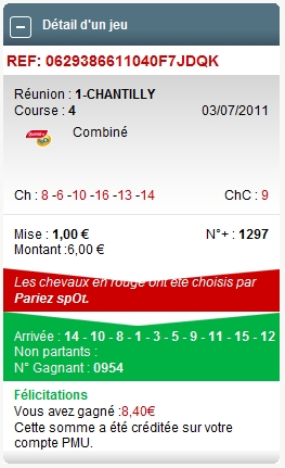 CHANTILLY REUNION 1 COURSE 4 ---03.07.2011 --- mise : 60 € gain : 116.30 €  Screen30
