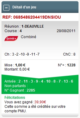 DEAUVILLE REUNION 1 COURSE 4 --- 28.08.2011 ---- mise : 60 € gain : 52.80 €   Screen80