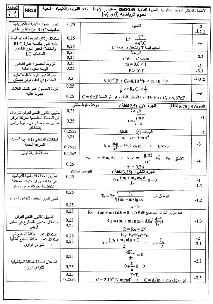 الامتحان الوطني الموحد للباكلوريا فيزياء 2012 الدورة العادية مسلك العلوم الرياضية +عناصر الإجابة 11-02410