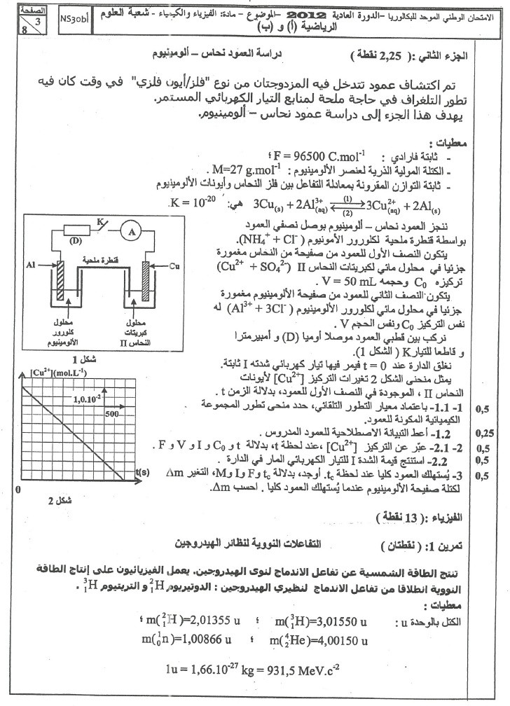 الامتحان الوطني الموحد للباكلوريا فيزياء 2012 الدورة العادية مسلك العلوم الرياضية +عناصر الإجابة 311