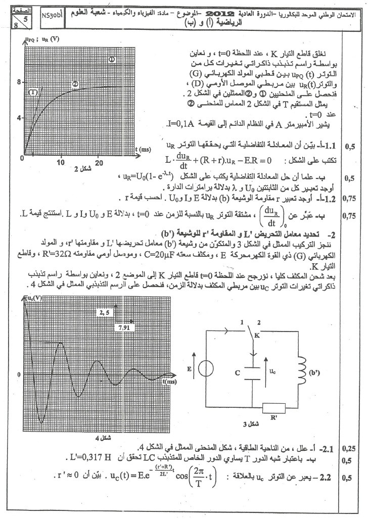 الامتحان الوطني الموحد للباكلوريا فيزياء 2012 الدورة العادية مسلك العلوم الرياضية +عناصر الإجابة 511