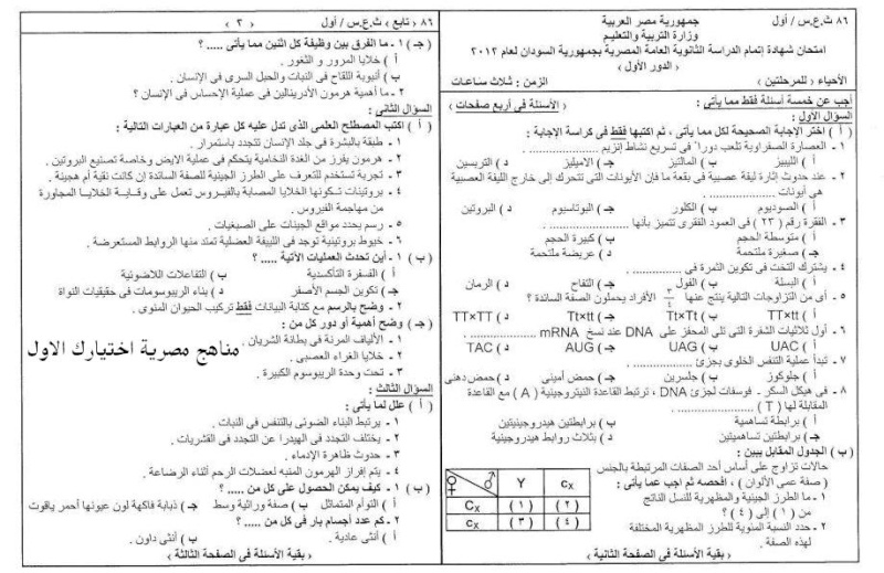 امتحان السودان 2012 في مادة : الاحياء 1112