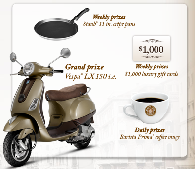 Barista Prima Coffeehouse “Want a Vespa? Brew Bold.” Sweepstakes - Daily - ends 1/27 Bar10