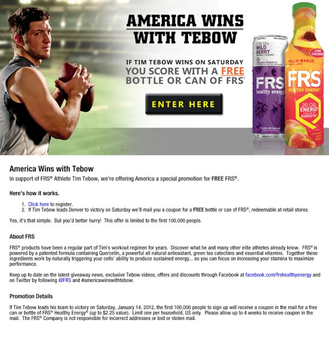 FREE Can of FRS Healthy Energy Drink if the Denver Broncos win on 1/14 Home11