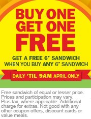 Subway: B1G1 FREE 6" Sandwich of your choice all month of April Subway11