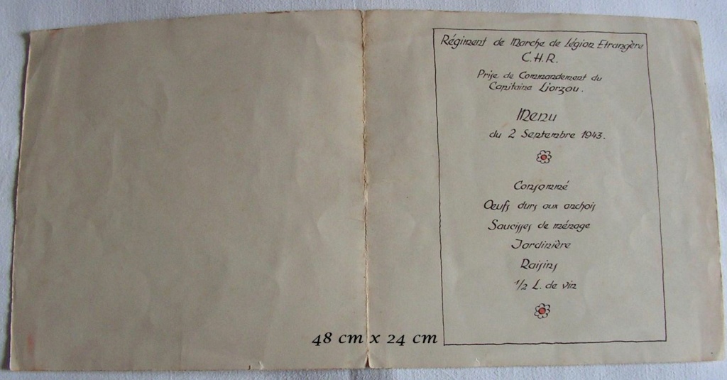 Menu du 2 Septembre 1943 pour la prise de  commandement du Capitaine  611