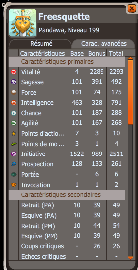 freesquette nouvelle panda feu/eau lvl 199  Stats13