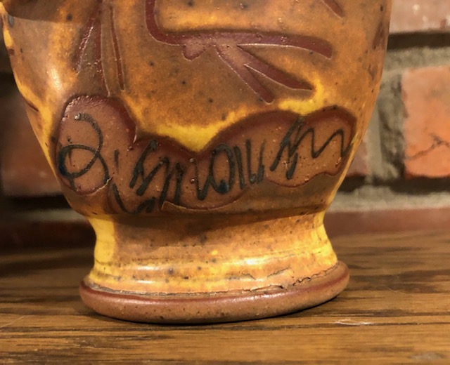 Curious of pottery oil bottle maker, signature illegible to me Oil210