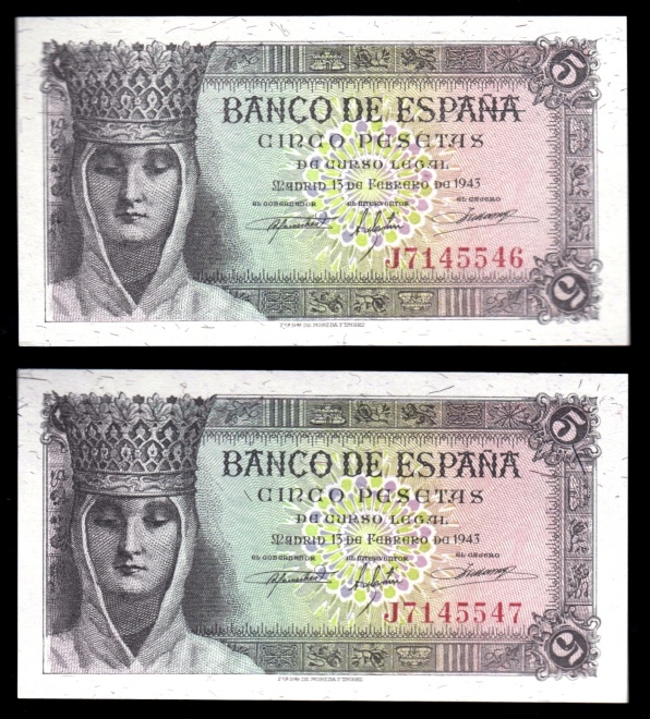 5 PESETAS 1943, LA PAREJA PERFECTA 95db8010