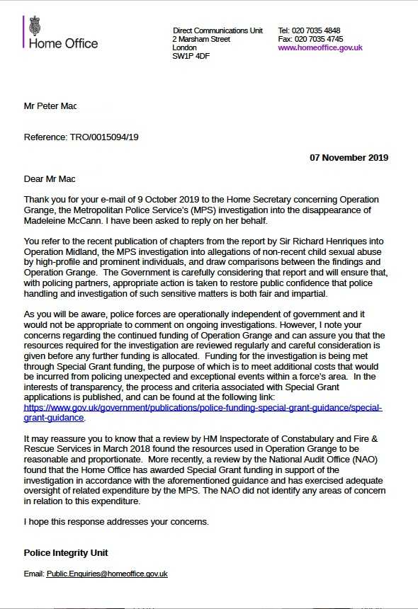 Letter from PeterMac to The Rt Hon Priti Patel: OPERATION GRANGE - REPORTED DISAPPEARANCE OF MADELEINE BETH MCCANN Ho_rep10