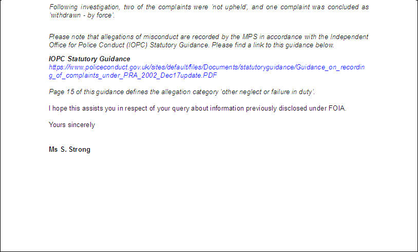 MET Police FOI Response re: Sun allegations of complaints made about 3 Operation Grange Officers Metpol18