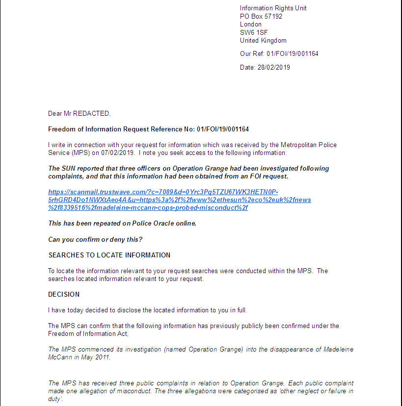 MET Police FOI Response re: Sun allegations of complaints made about 3 Operation Grange Officers Metpol19