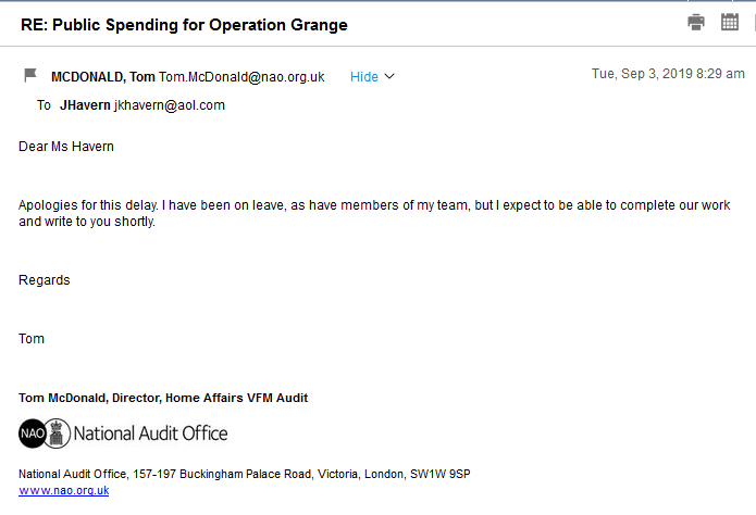 National Audit Office: Re: Public Spending for Operation Grange Nao10