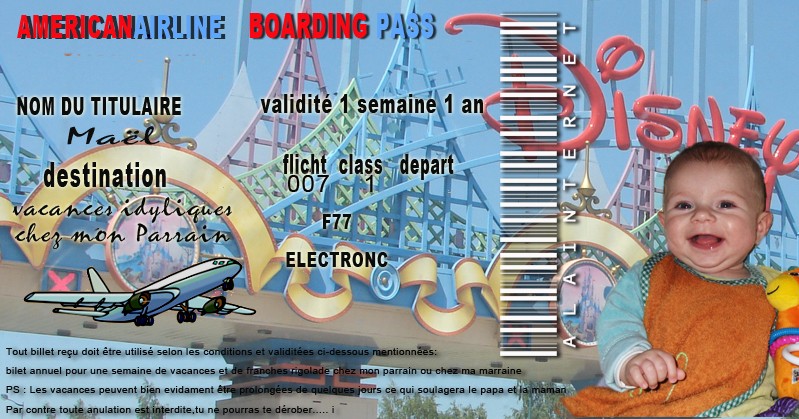 demande de montage d'un faux billet d'avion et d'un bon pour du baby sitting pour un bptême Disney34