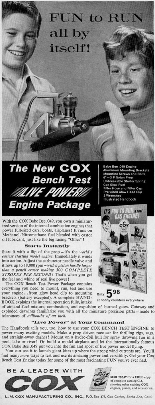 test stands - Bench Test Engine Pack ad from a 1963 Boy's Life magazine  Cox_be12