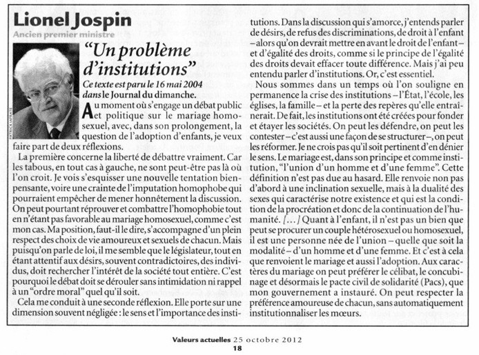 Lionel JOSPIN livre son opinion sur le mariage gay et l'adoption L-josp10