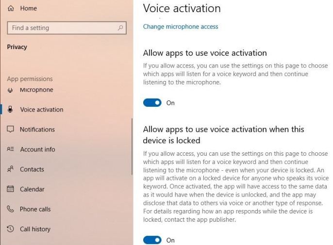 [IMPLEMENTED] [EX-100 - v2.1.6.0] [RS6 Build 18362.x] disable voice activation in privacy settings Voicea10