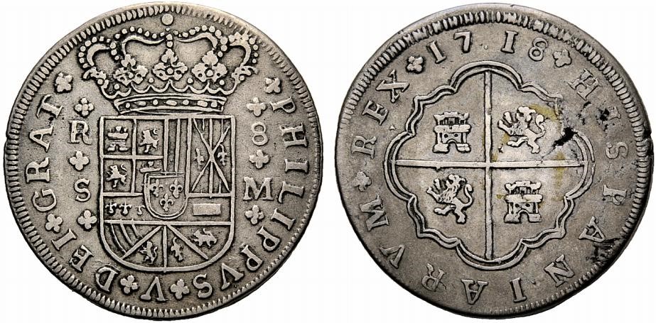 Rareza de variantes del real de a 8 de Felipe V de 1718 Sevilla Tipo_410