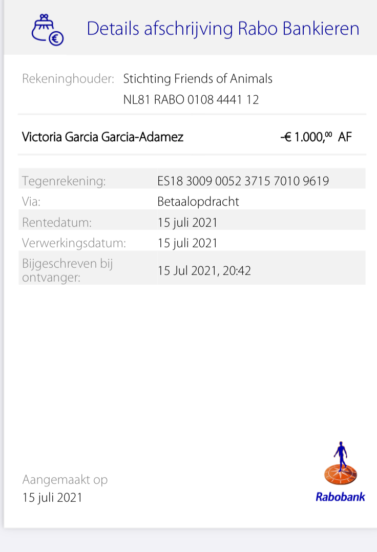 Geld overgemaakt fosterdieren/donaties naar de opvangen Villa10