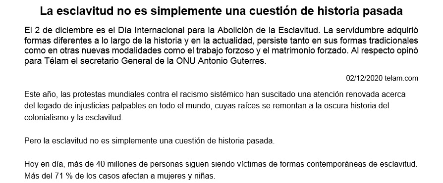 ARTICULO "LA ESCLAVITUD NO ES SIMPLEMENTE UNA CUESTION DE HISTORIA PASADA" 727