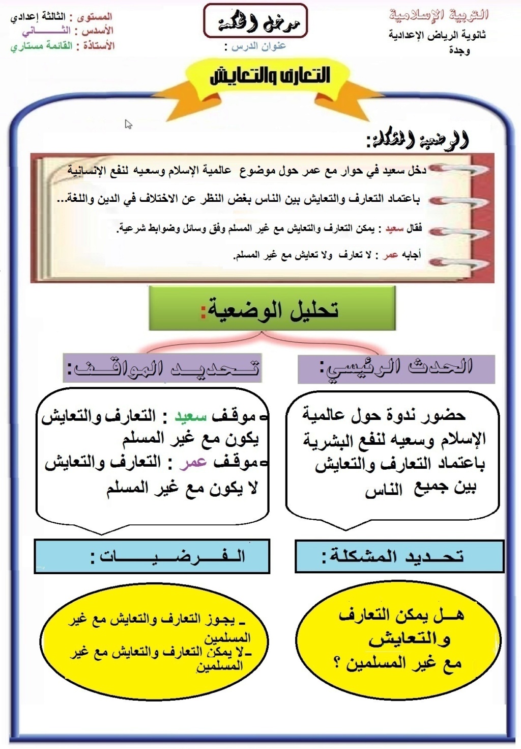 عنوان الدرس : التعارف والتعايش الأستاذة : القائمة مستـــاري 117