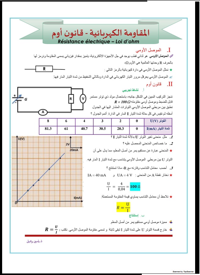 الموضوع :المقاومة الكهربائية ـقانون أوم من الأنترنيت من اجل الاستئناس فقط الأستاذة : بنعيني 18