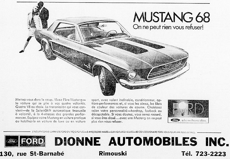 Publicitée de Mustang 1968 en Francais au Québec 68must12
