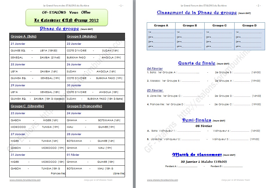 Calendrier - Programme de la CAN Orange 2012 à telecharger   85410