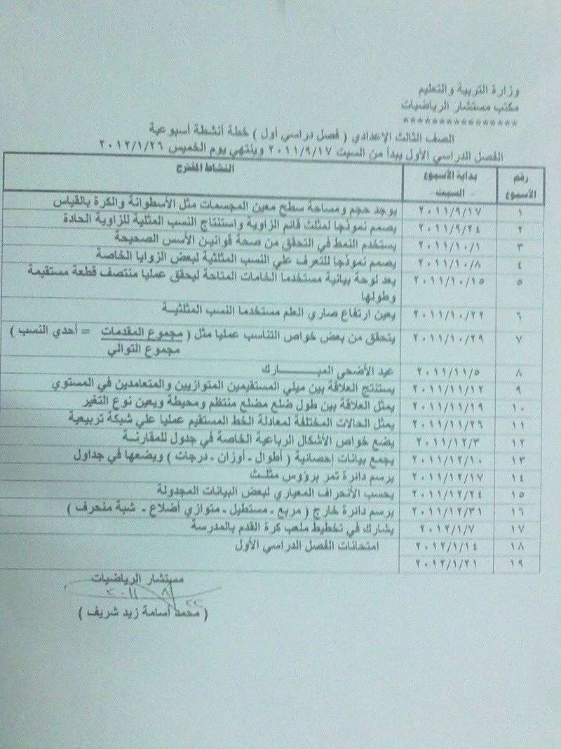 خطة الأنشطة الأسبوعية للمرحلة الأعدادية - فصل دراسى أول 311