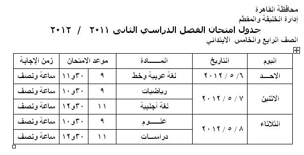جدول امتحان الفصل الدراسي الثانى 2011   /  2012الصف الرابع والخامس  الابتدائي  45_o10