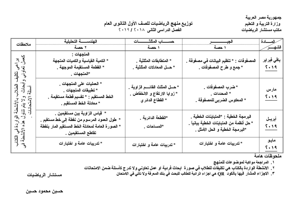 توزيع منهج الرياضيات للصف الأول الثانوى عام   2019  Ilovep19