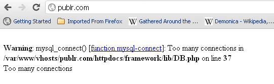 Warning: mysql_connect() [function.mysql-connect]: Too many connections in /var/www/vhosts/publr.com/httpdocs/framework/lib/DB.php on line 37<br />Too many connections