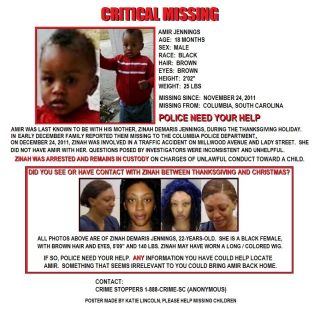 Mother, 22 yr old Zinah Jennings,Won't Tell Where her son,18-mo old Amir Jennings is missing/Police Find Shovel, Bloody Clothes/Blanket in Mother's Home & Car, Per Warrant. She has given birth as of 8/31/12! Update 9/7/12: FOUND GUILTY/W SERVE 10 YRS!! 37814610