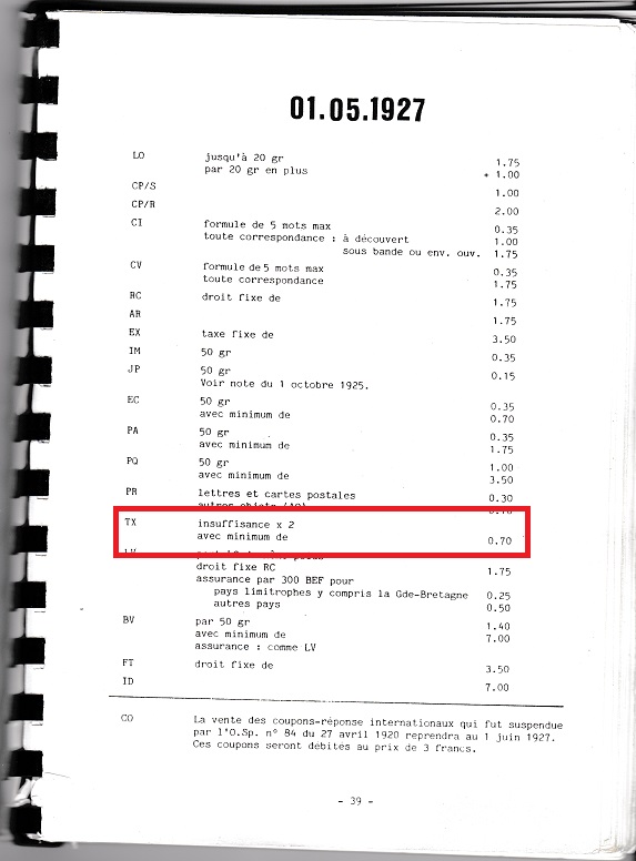 Taxe à l'étranger (Belgique) d'objets postaux expédiés depuis la France Tar_2710