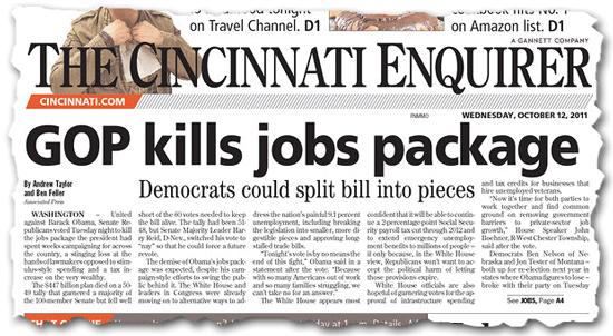 Headline in Boehner's hometown paper: 'GOP kills jobs package' Boehne10