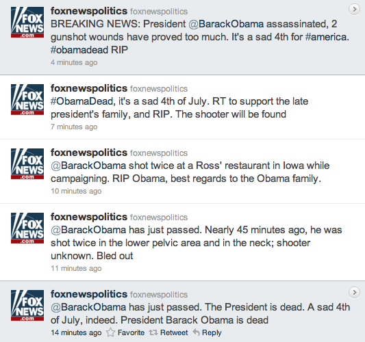 Fox Treason: Hackers announce Obama assassination with Fox twitter account. Tweets still undeleted. Foxnew10