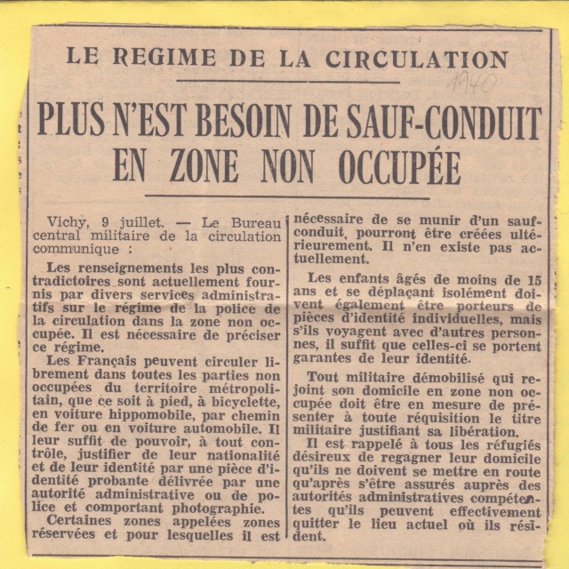 Le régime de la circulation en zone non occupée à partir du 09 juillet 1940 _yc10