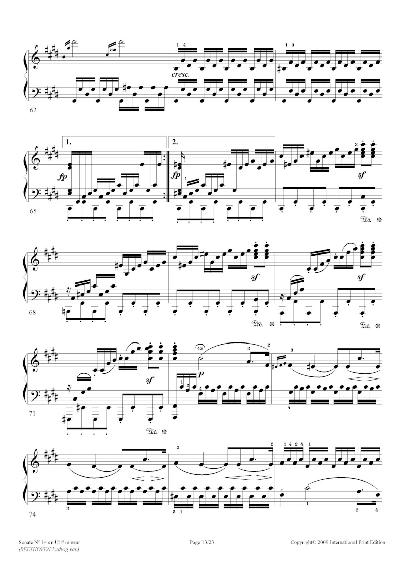 Sonate n°14 de Beethoven en Do# mineur (sonate au clair de lune) / Niveau "difficile" / 24 pages Beetho23