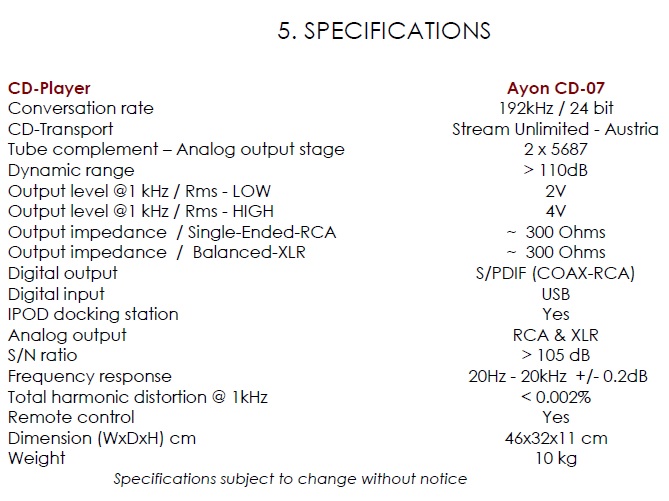 Ayon CD-07 tube CD player Specs11